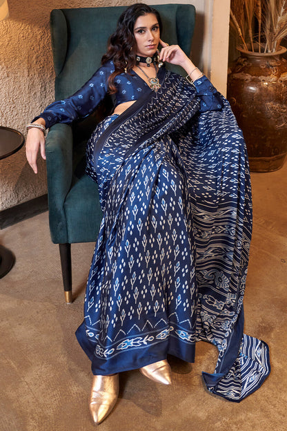 Scrupulous Navy Blue Digital Printed Satin Silk Saree With Lustrous Blouse Piece
