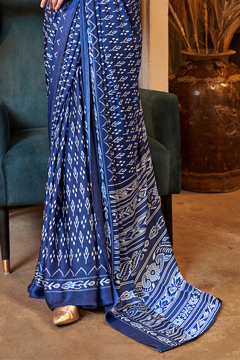 Scrupulous Navy Blue Digital Printed Satin Silk Saree With Lustrous Blouse Piece