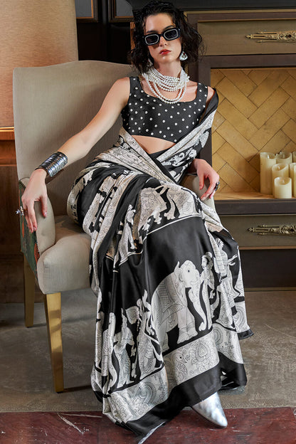 Vibrant Black and White Digital Printed Satin Silk Saree With Whimsical Blouse Piece