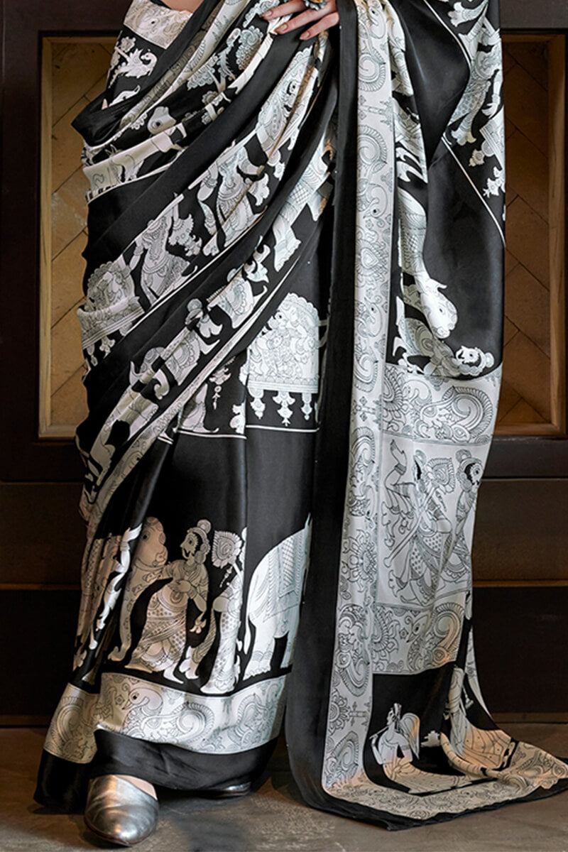 Vibrant Black and White Digital Printed Satin Silk Saree With Whimsical Blouse Piece