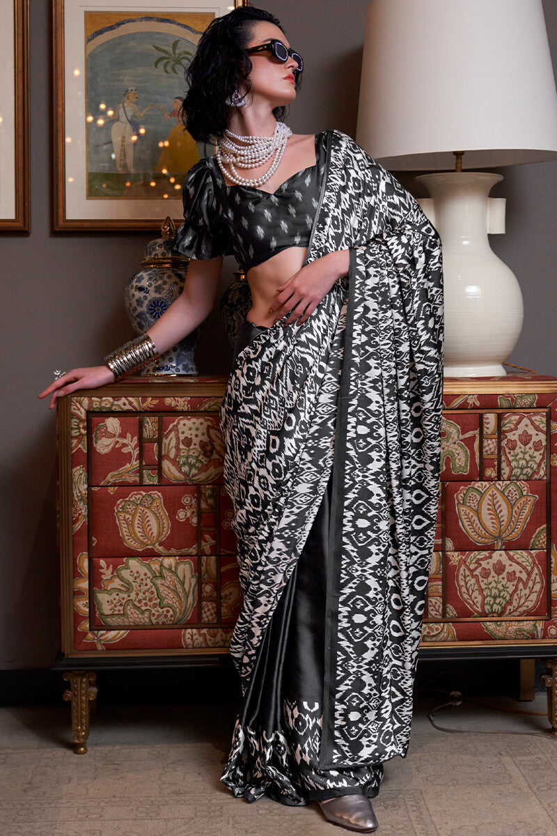Scintilla Black Digital Printed Satin Silk Saree With Murmurous Blouse Piece