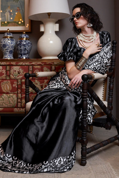 Scintilla Black Digital Printed Satin Silk Saree With Murmurous Blouse Piece