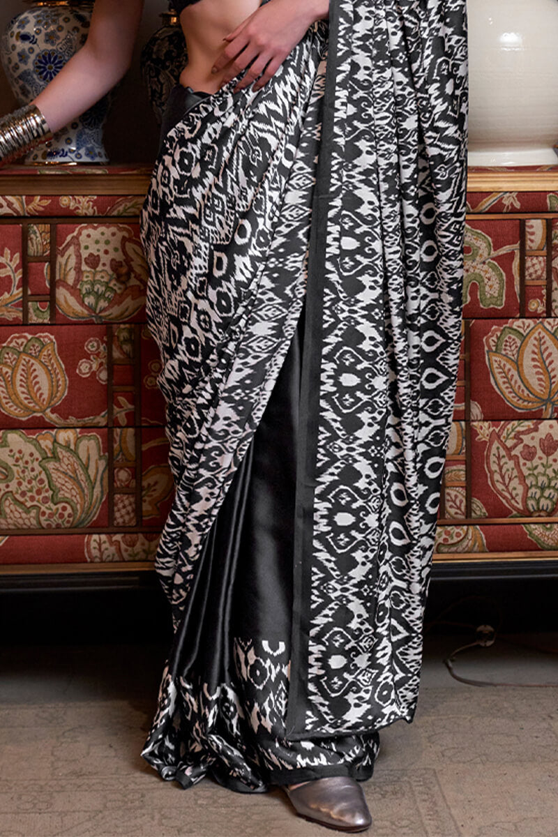 Scintilla Black Digital Printed Satin Silk Saree With Murmurous Blouse Piece