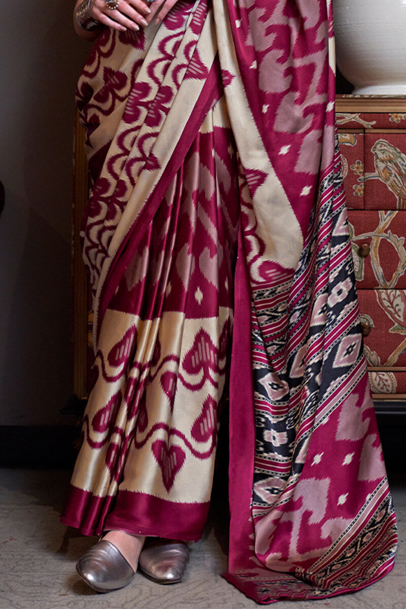 Epiphany Beige and Wine Digital Printed Satin Silk Saree With Effervescent Blouse Piece