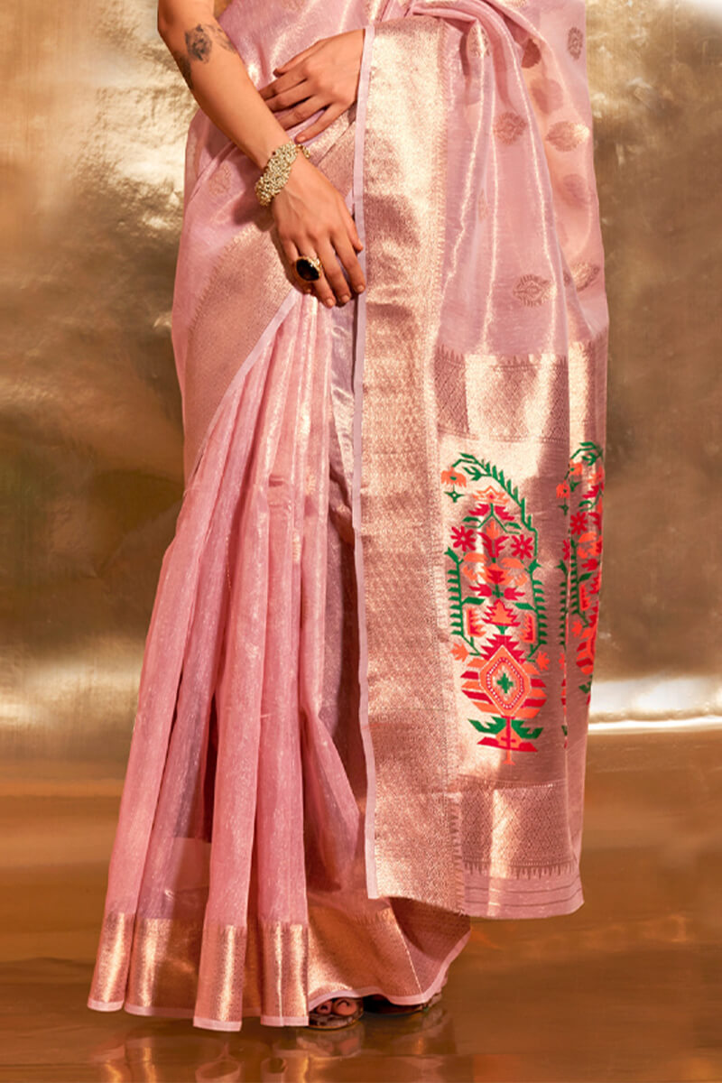 Bucolic Pink Paithani Silk Saree With Mellifluous Blouse Piece