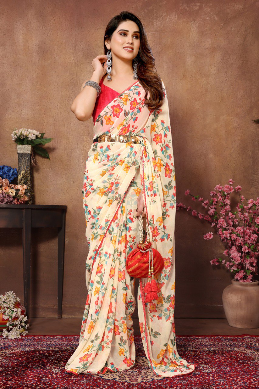 Elegant 1 Minute Ready to Wear Cream White Georgette Saree