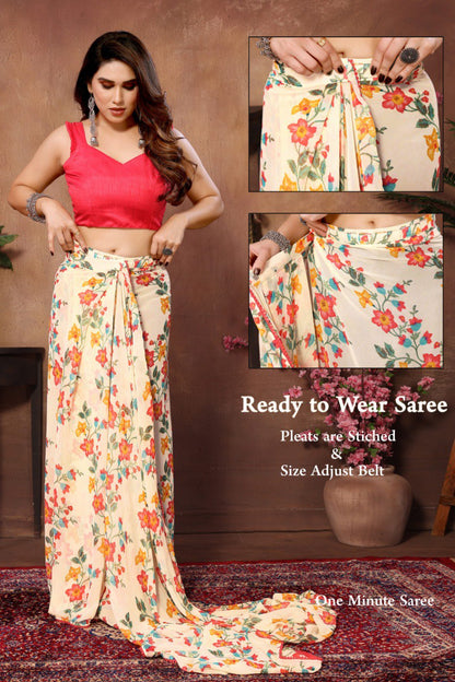 Elegant 1 Minute Ready to Wear Cream White Georgette Saree
