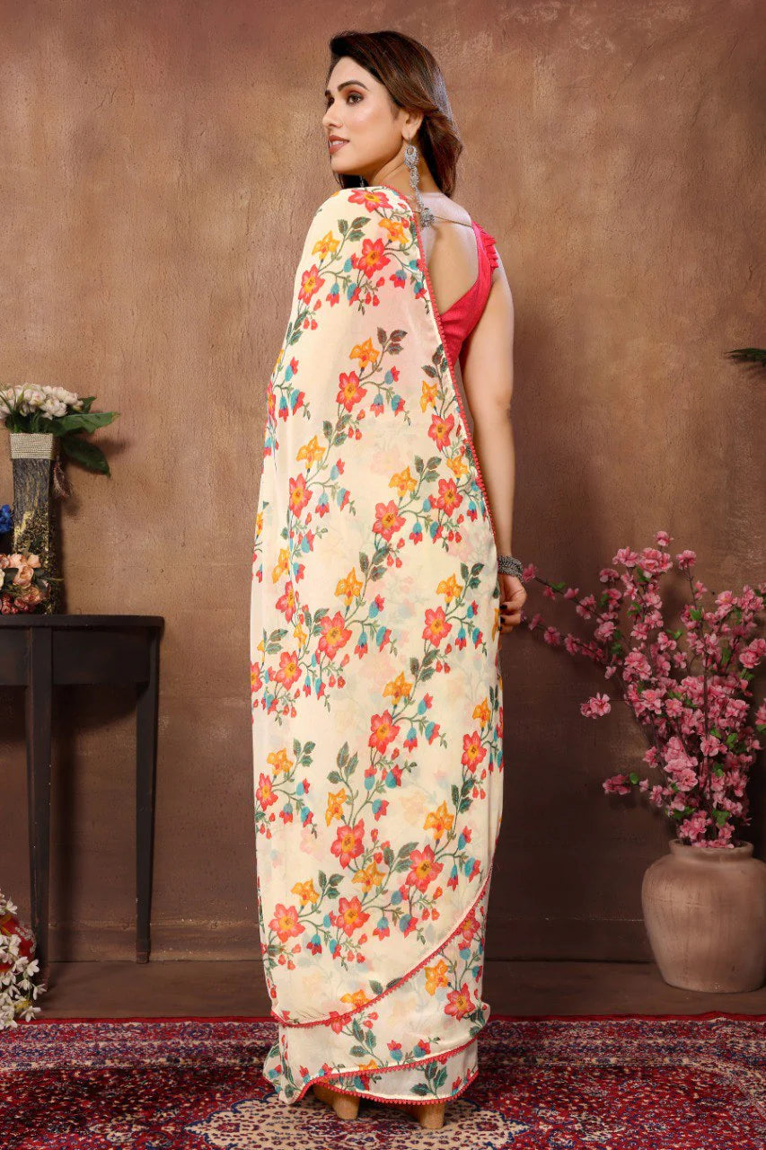 Elegant 1 Minute Ready to Wear Cream White Georgette Saree