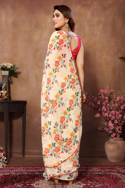 Elegant 1 Minute Ready to Wear Cream White Georgette Saree