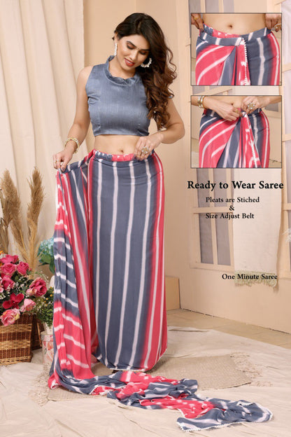 Stunning 1 Minute Ready to Wear Laheriya Pink Georgette Saree