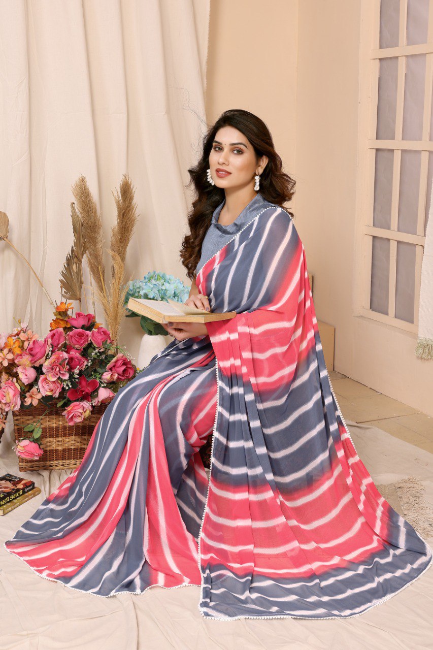 Stunning 1 Minute Ready to Wear Laheriya Pink Georgette Saree