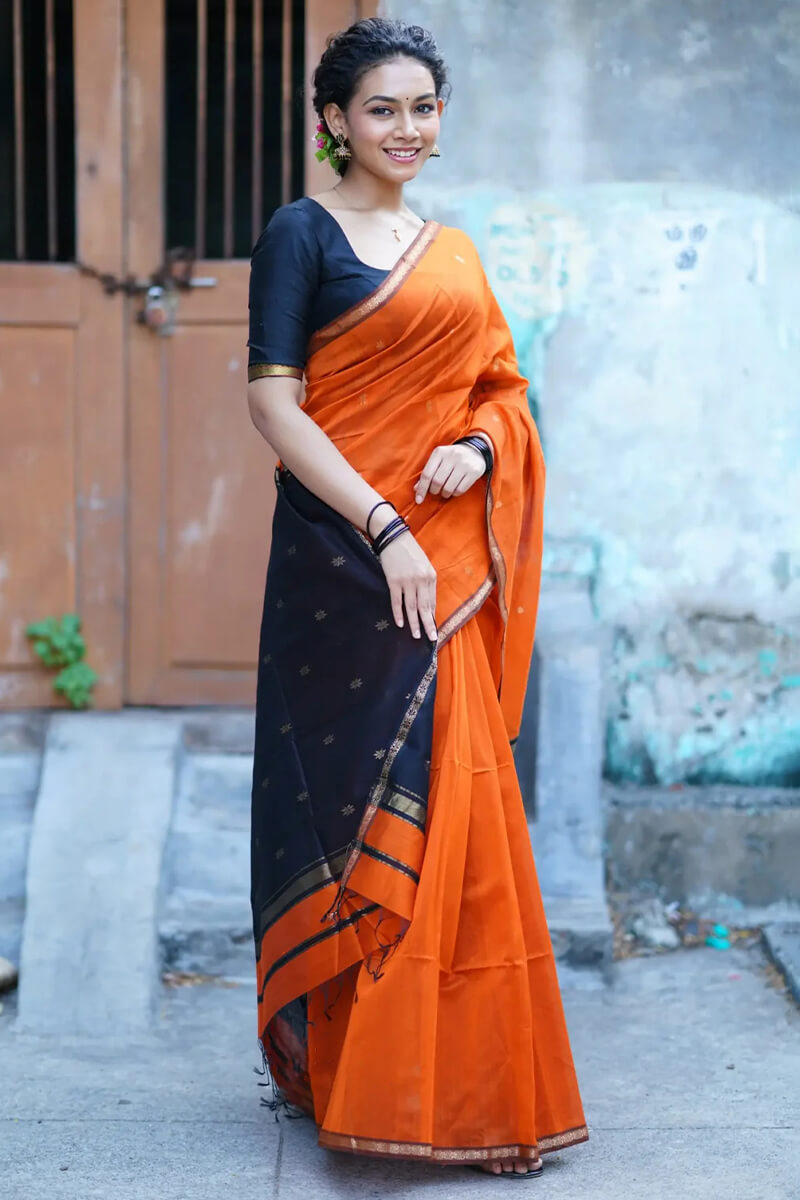 Enigmatic Orange Cotton Silk Saree With Panache Blouse Piece