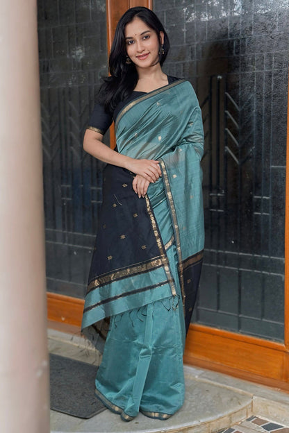 Classy Sea Green Cotton Silk Saree With Gratifying  Blouse Piece