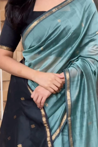 Classy Sea Green Cotton Silk Saree With Gratifying  Blouse Piece