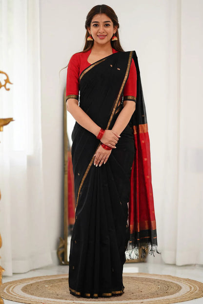 Embellished Black Cotton Silk Saree With Ethereal Blouse Piece