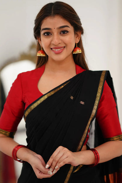 Embellished Black Cotton Silk Saree With Ethereal Blouse Piece