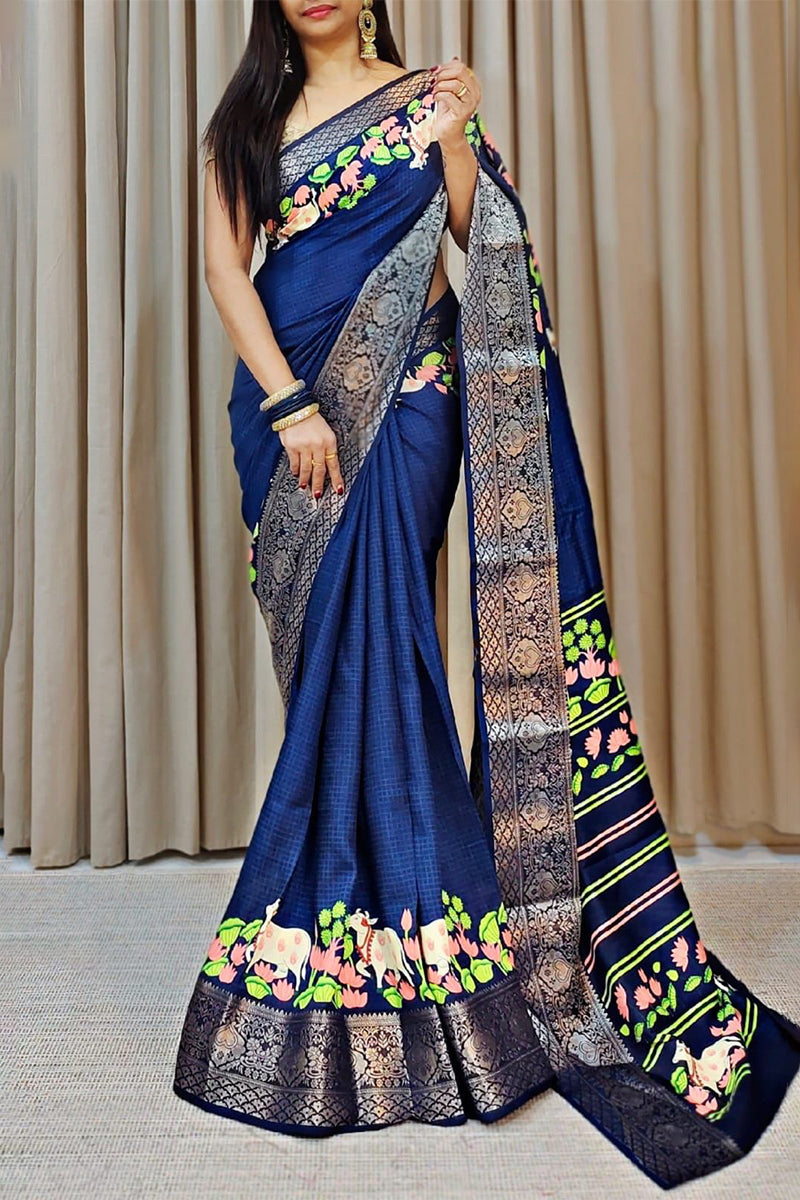 Sempiternal Navy Blue Digital Printed Dola Silk Saree With Imbrication Blouse Piece