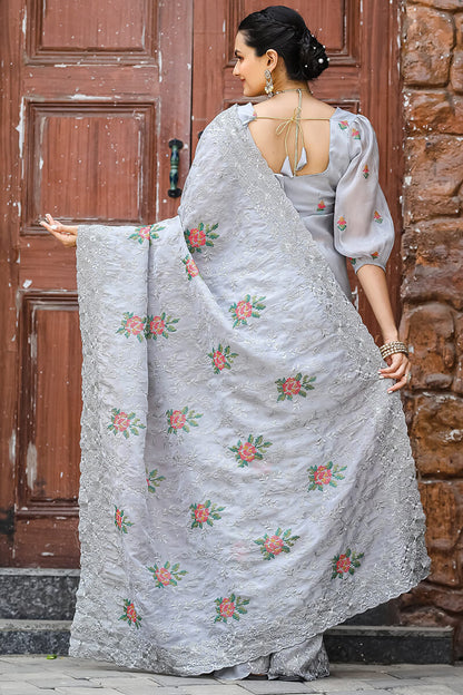 Magnificat Grey Embroidery Work Chiffon Silk Saree With Piquant Blouse Piece