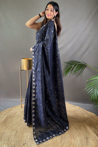 Breathtaking Navy Blue Embroidery Work Soft Silk Saree With Demanding Blouse Piece