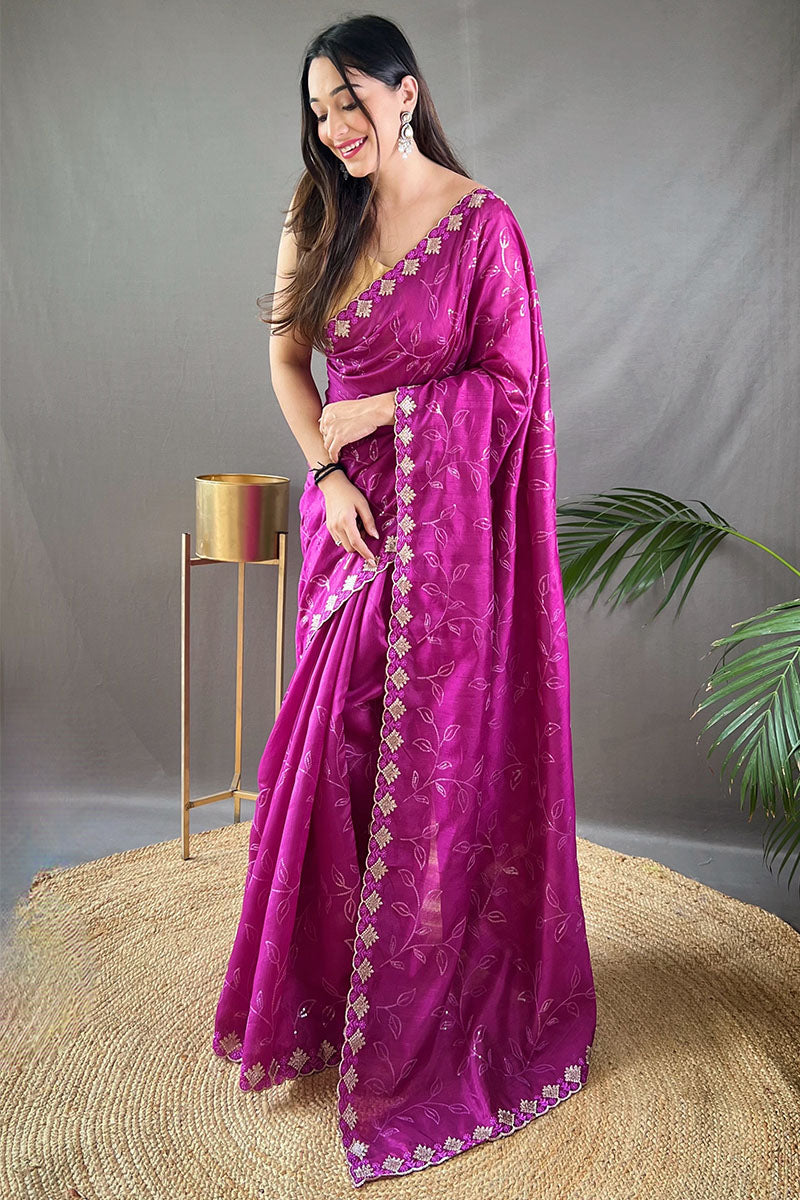 Sensational Purple Embroidery Work Soft Silk Saree With Elegant Blouse Piece