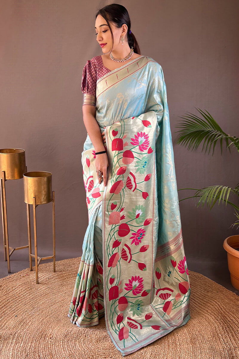 Glorious Sky Paithani Silk Saree With Fairytale Blouse Piece