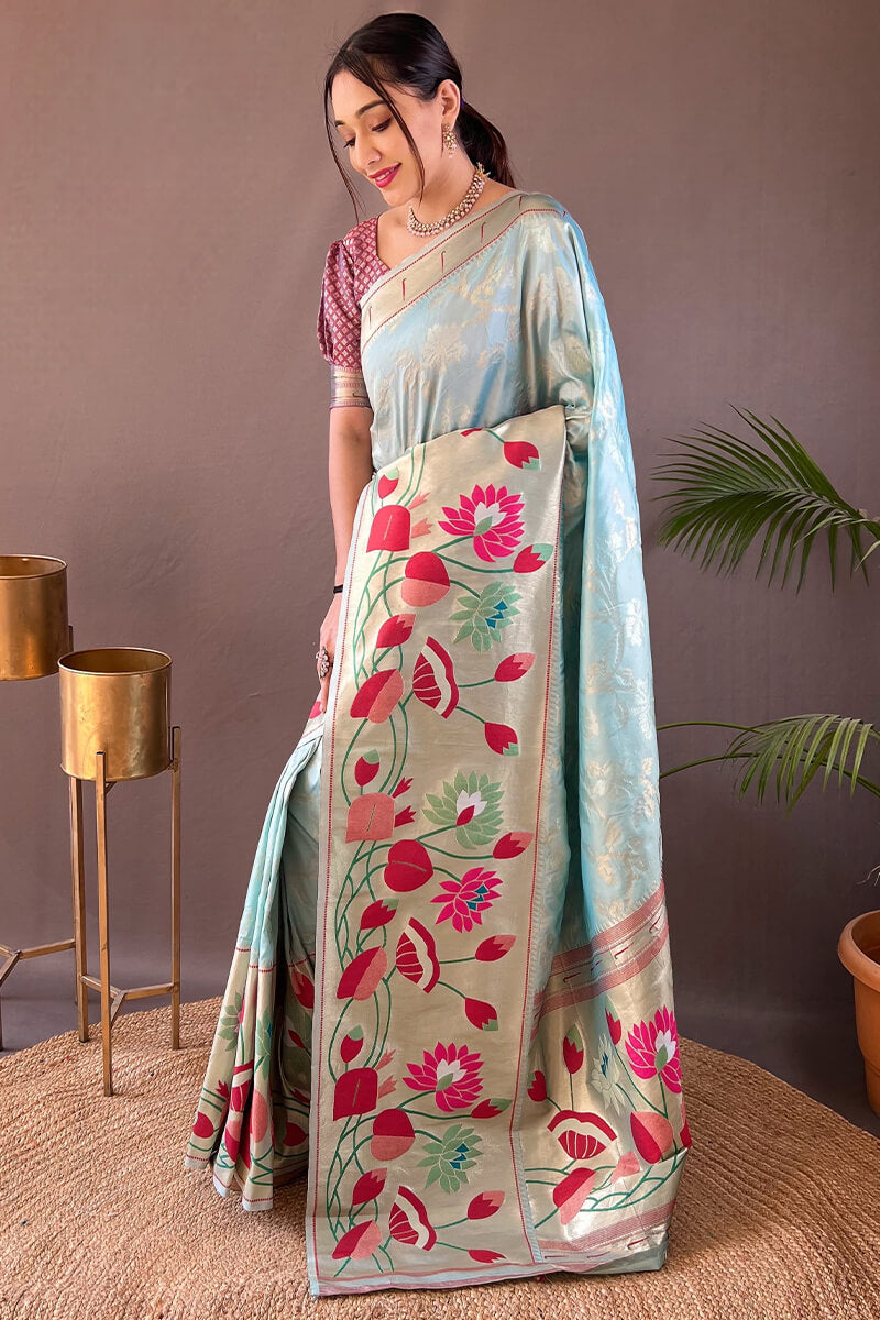 Glorious Sky Paithani Silk Saree With Fairytale Blouse Piece