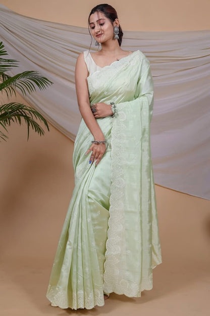 Desiring Pista Embroidery Work Soft Silk Saree With Ravishing Blouse Piece