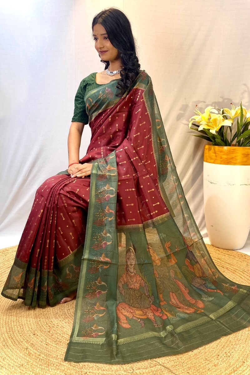 Surpassing Maroon Printed Soft Chanderi Silk Saree With Gratifying Blouse Piece