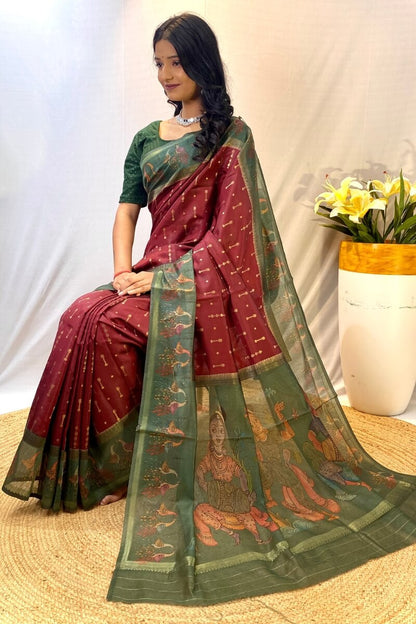 Surpassing Maroon Printed Soft Chanderi Silk Saree With Gratifying Blouse Piece