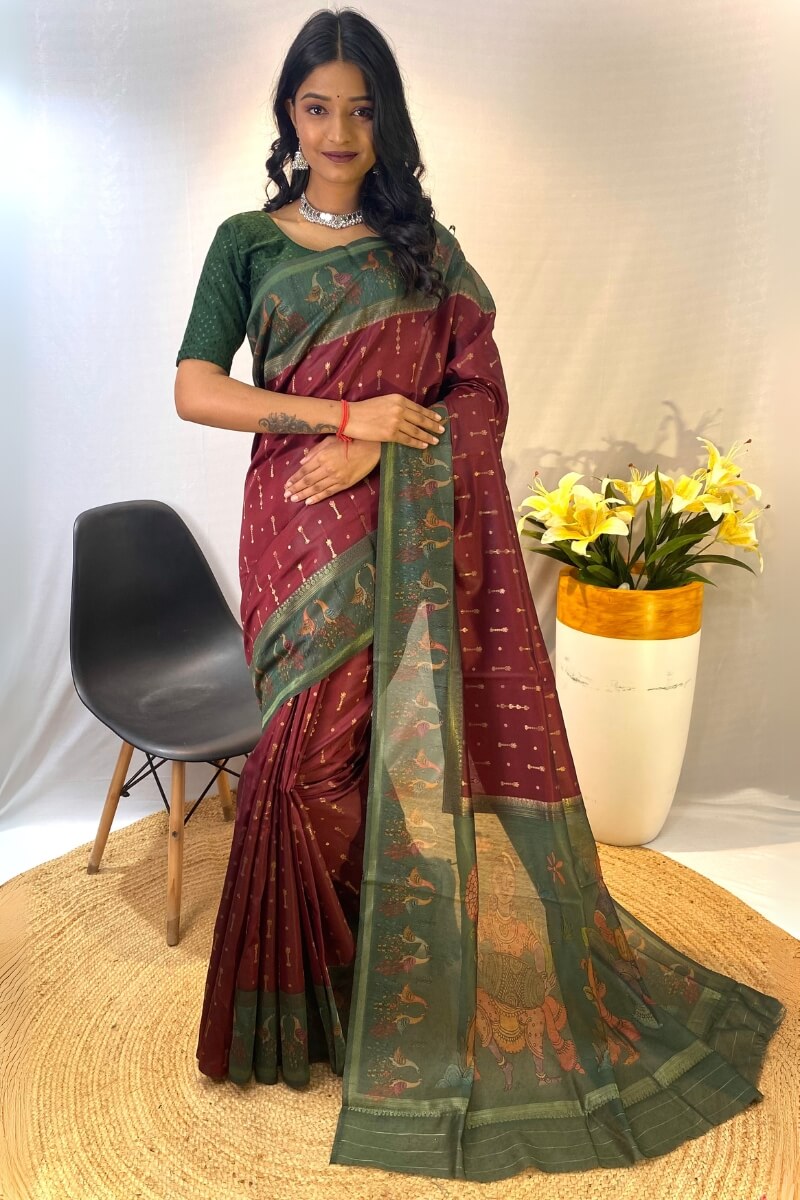 Surpassing Maroon Printed Soft Chanderi Silk Saree With Gratifying Blouse Piece