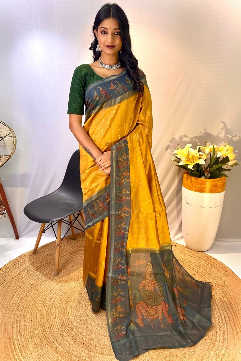 Trendy Mustard Printed Soft Chanderi Silk Saree With Appealing Blouse Piece