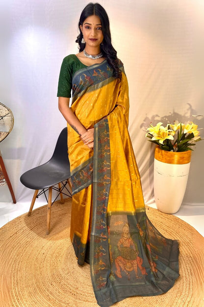 Trendy Mustard Printed Soft Chanderi Silk Saree With Appealing Blouse Piece