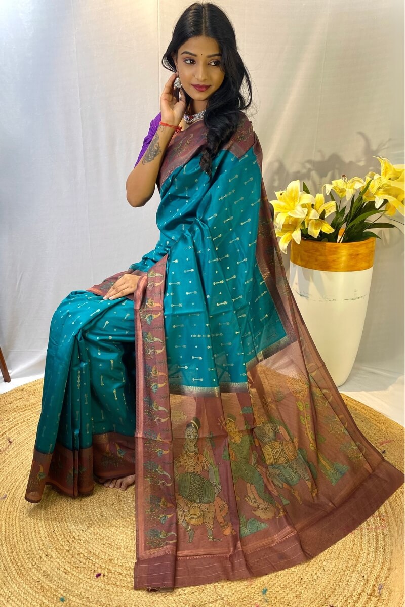 Traditional Rama Printed Soft Chanderi Silk Saree With Comely Blouse Piece