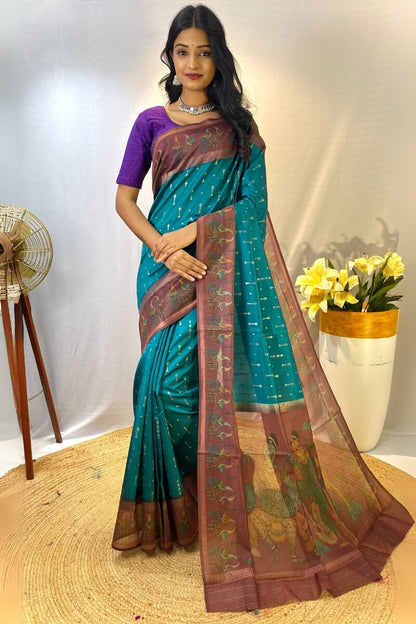 Traditional Rama Printed Soft Chanderi Silk Saree With Comely Blouse Piece