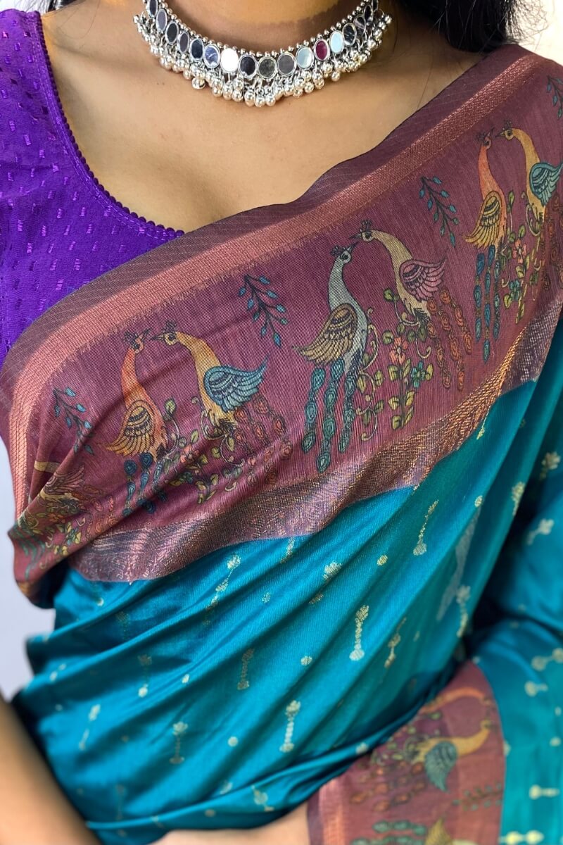 Traditional Rama Printed Soft Chanderi Silk Saree With Comely Blouse Piece