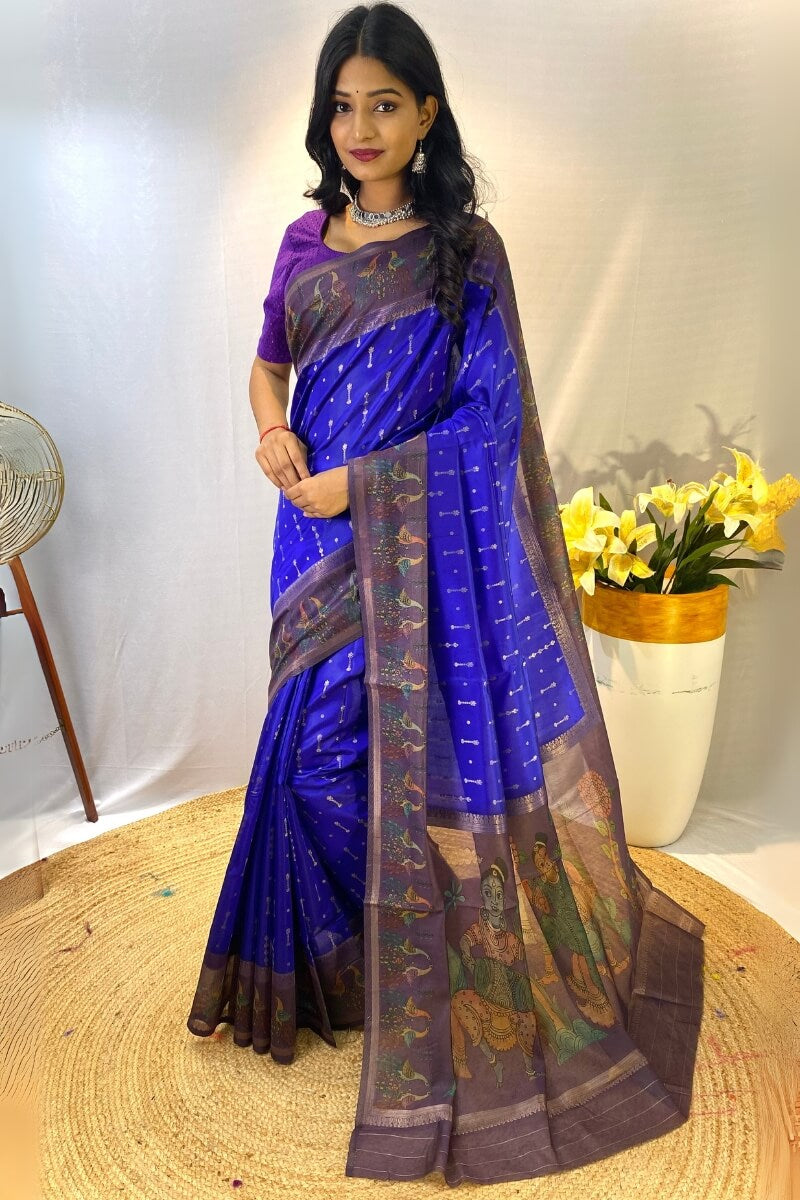 Evocative Royal Blue Printed Soft Chanderi Silk Saree With Excellent Blouse Piece