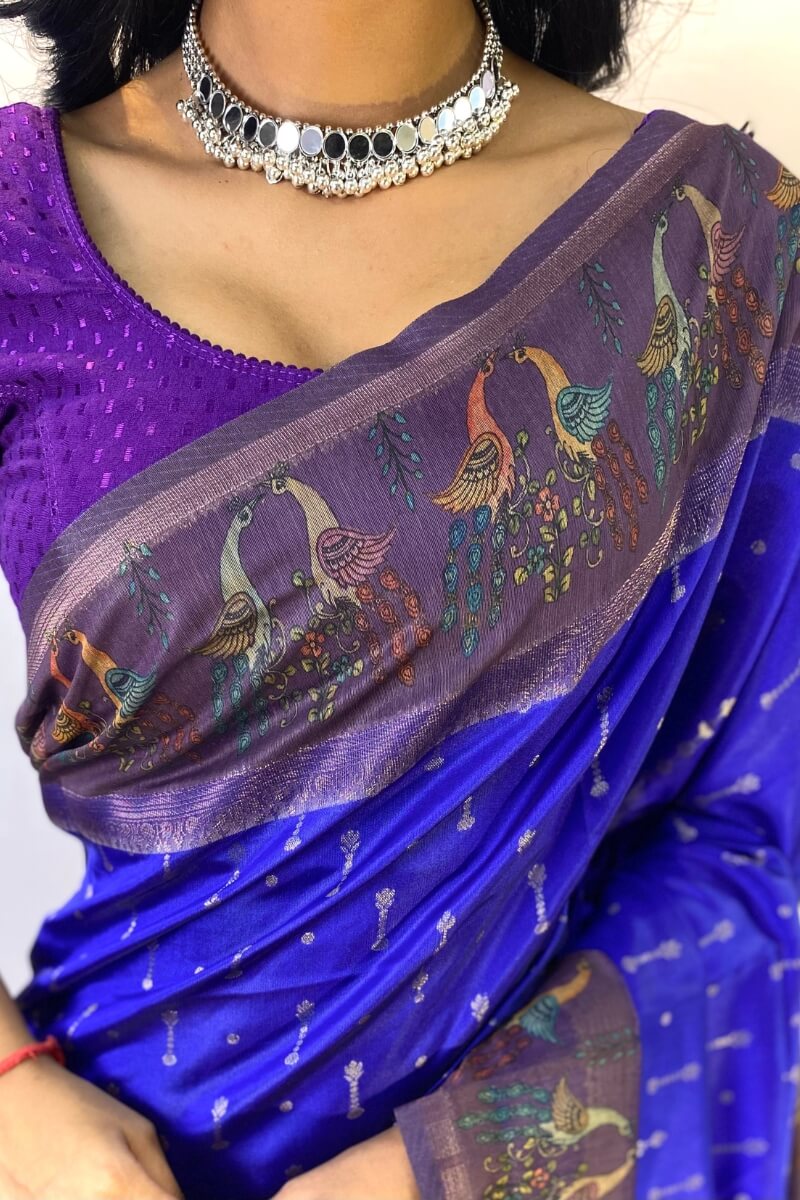 Evocative Royal Blue Printed Soft Chanderi Silk Saree With Excellent Blouse Piece