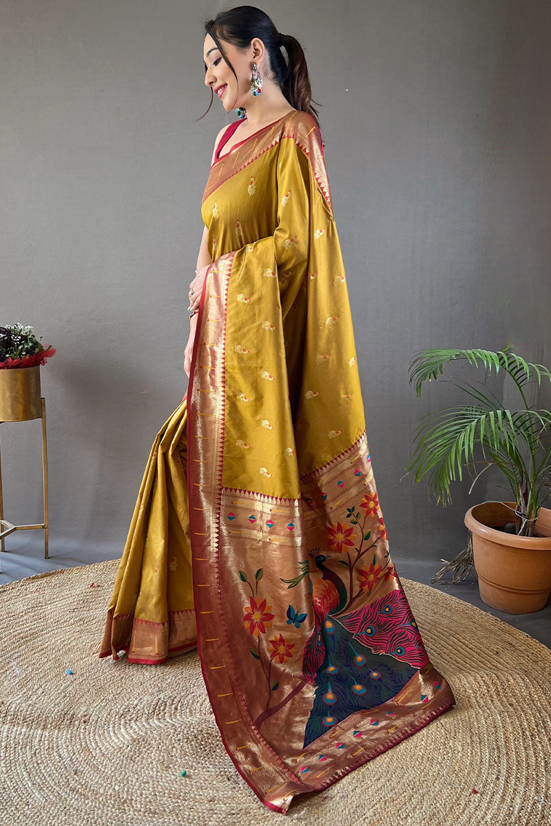 Flattering Mustard Paithani Silk Saree With Adorning Blouse Piece