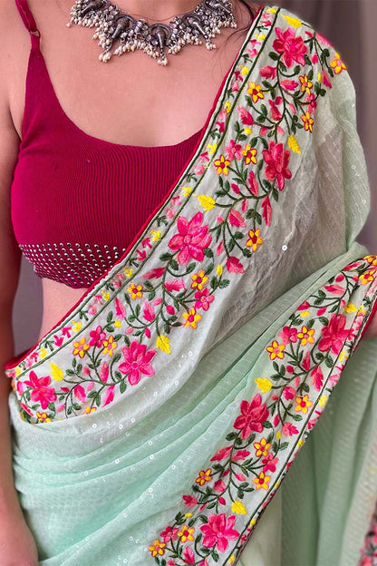 Murmurous Pista Sequence Work Georgette Saree With Dalliance Blouse Piece