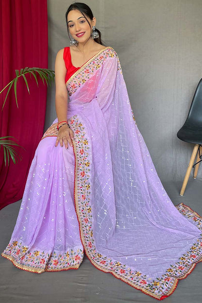 Breathtaking Lavender Sequence Work Georgette Saree With Ailurophile Blouse Piece