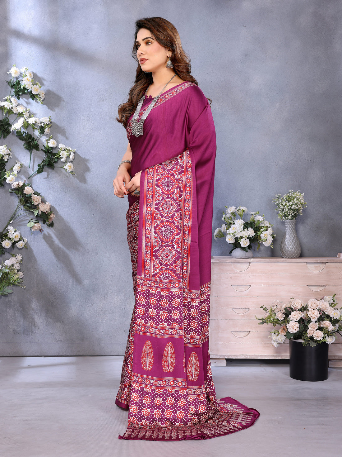 Pleasurable Purple Ajrak Printed Soft Silk Saree With Fragrant Blouse Piece