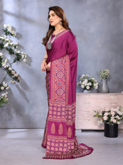 Pleasurable Purple Ajrak Printed Soft Silk Saree With Fragrant Blouse Piece
