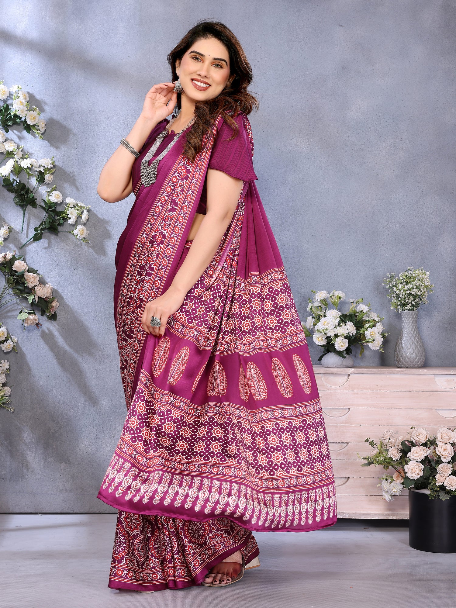 Pleasurable Purple Ajrak Printed Soft Silk Saree With Fragrant Blouse Piece