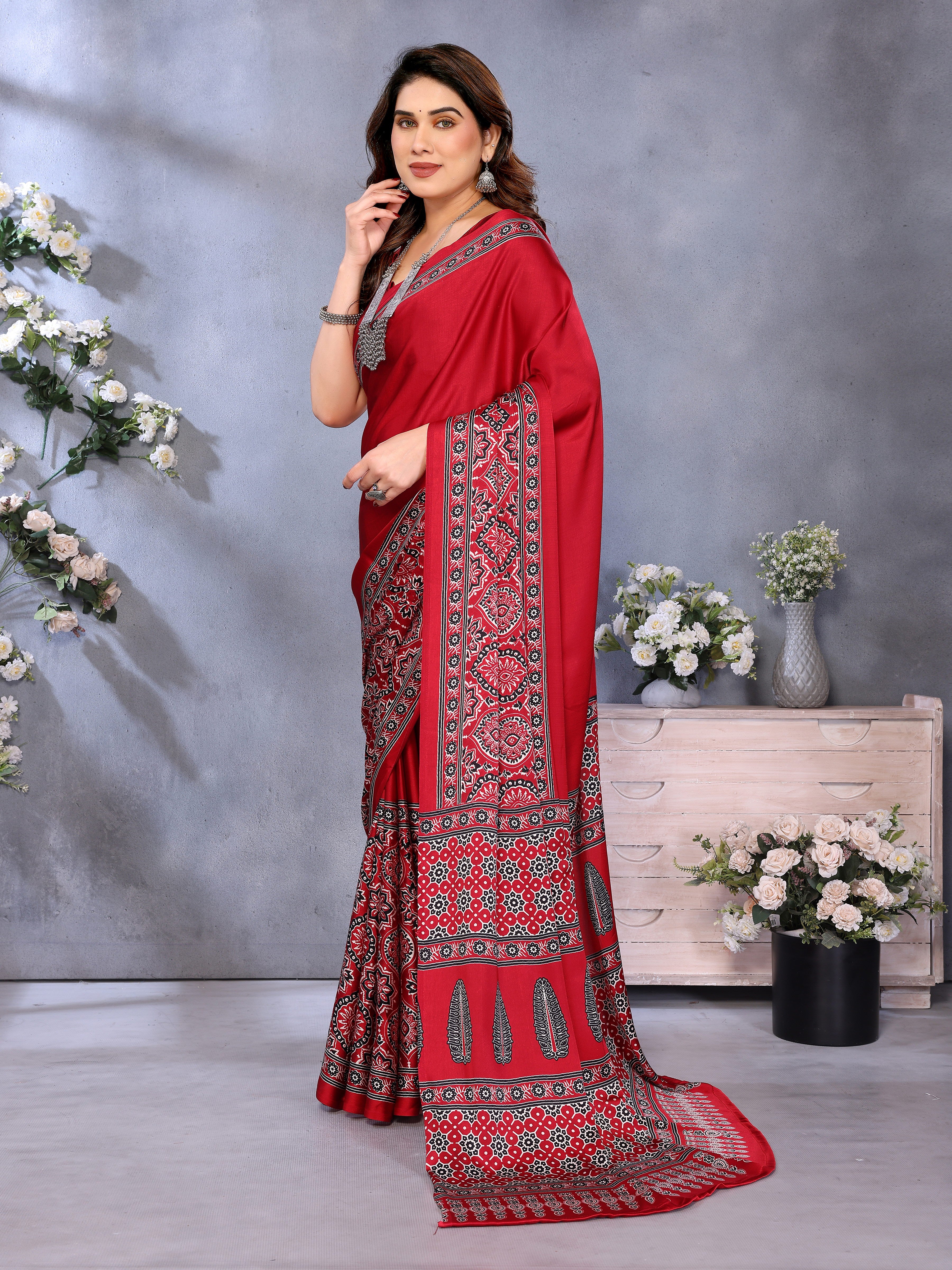 Girlish Red Ajrak Printed Soft Silk Saree With Ephemeral Blouse Piece