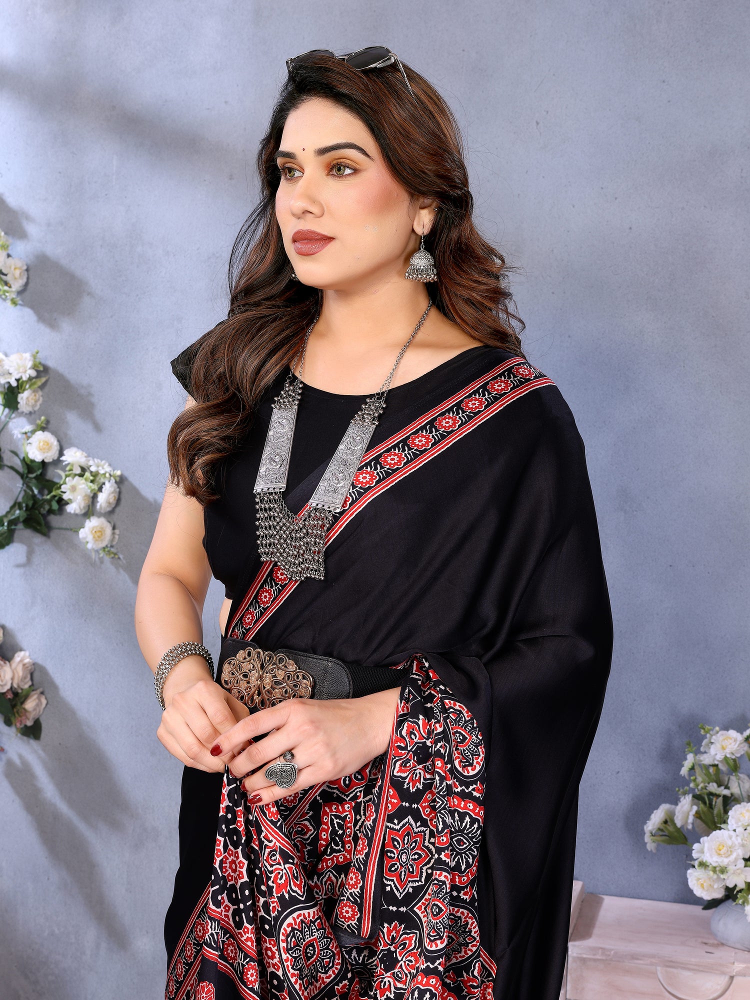 Supernal Black Ajrak Printed Soft Silk Saree With Piquant Blouse Piece