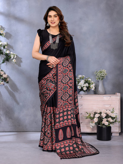 Supernal Black Ajrak Printed Soft Silk Saree With Piquant Blouse Piece
