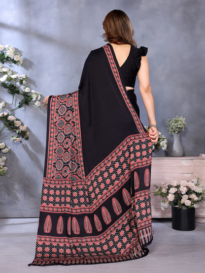 Supernal Black Ajrak Printed Soft Silk Saree With Piquant Blouse Piece