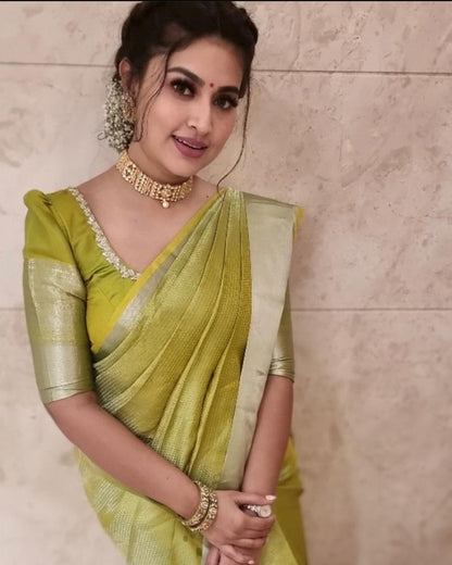 Adorable Light Green Soft Silk Saree With Unique Blouse Piece