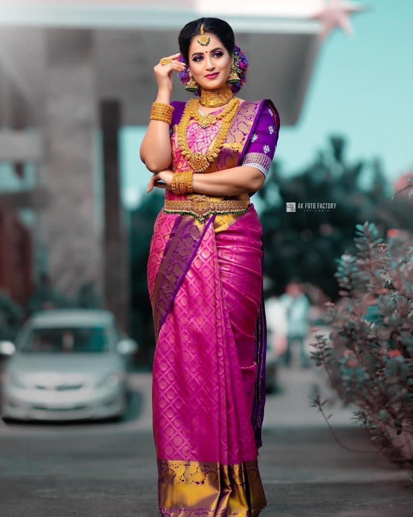 Stylish Pink Soft Silk Saree With Unique Wine Blouse Piece