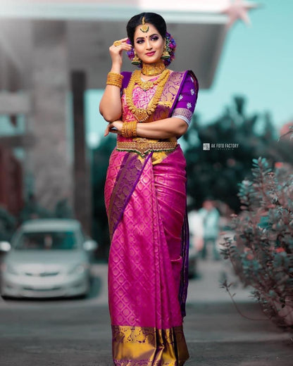 Stylish Pink Soft Silk Saree With Unique Wine Blouse Piece
